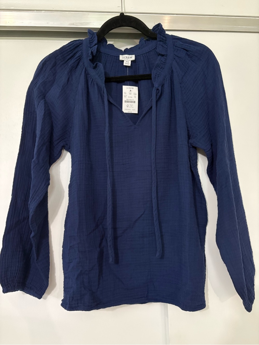 NWT J. Crew Women's Petite S Navy Long-Sleeve Ruffle Tie-Neck Top 100% cotton